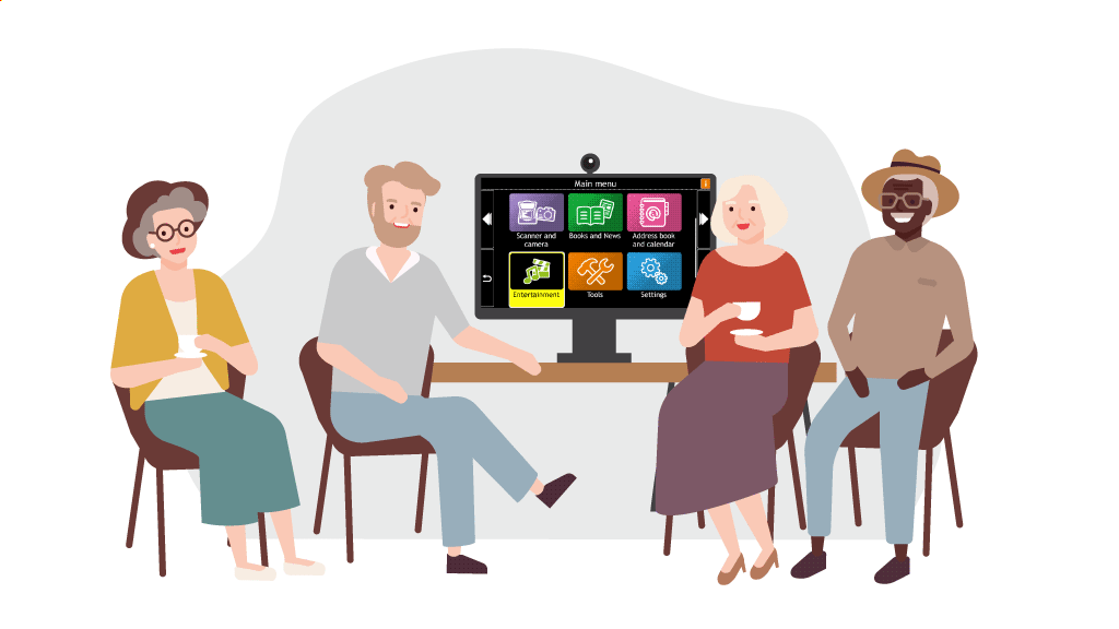 Illustration of a technology working sat next to a pc demonstrating dolphin software to a group of people.